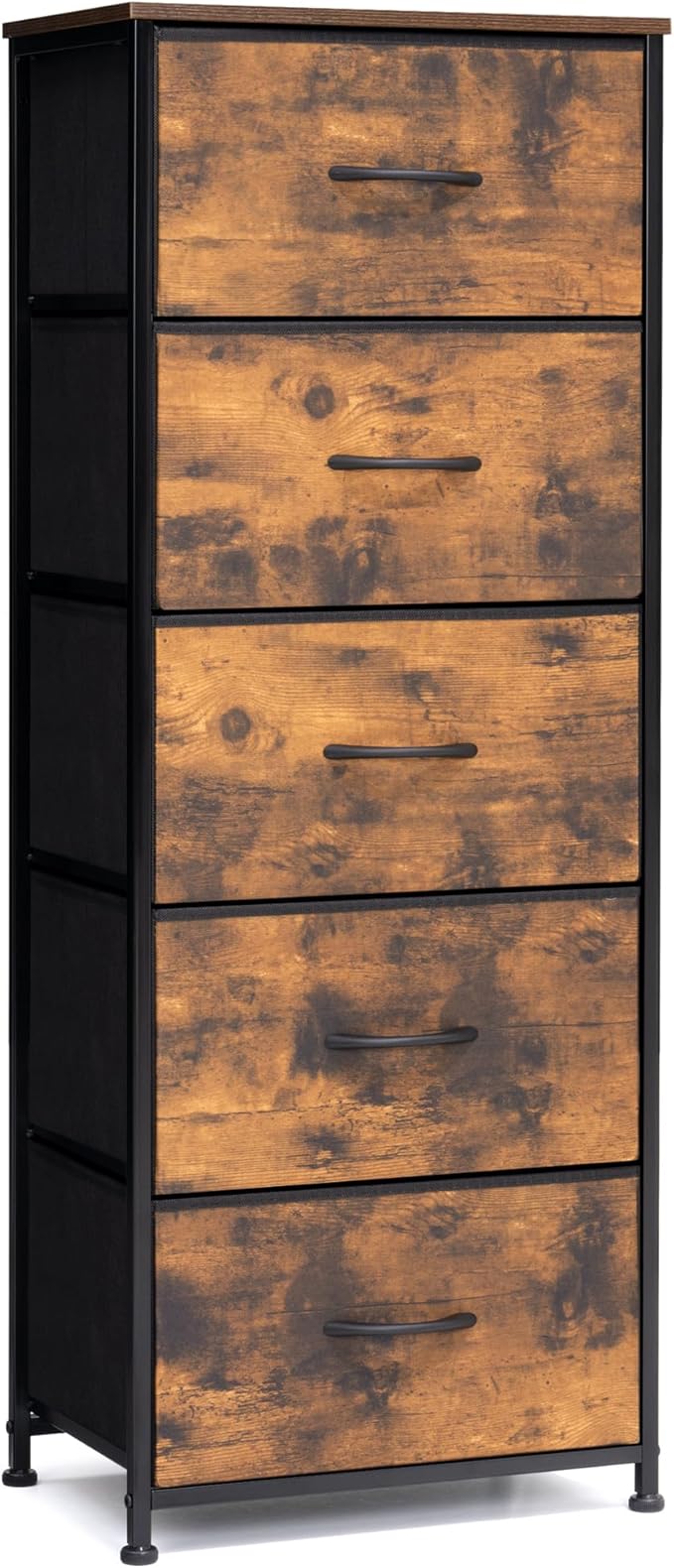 Crestlive Products Vertical Dresser Storage Tower - Sturdy Steel Frame, Wood Top, Easy Pull Fabric Bins - Organizer Unit for Bedroom, Hallway, Entryway, Closets - 5 Drawers(Rustic Brown)
