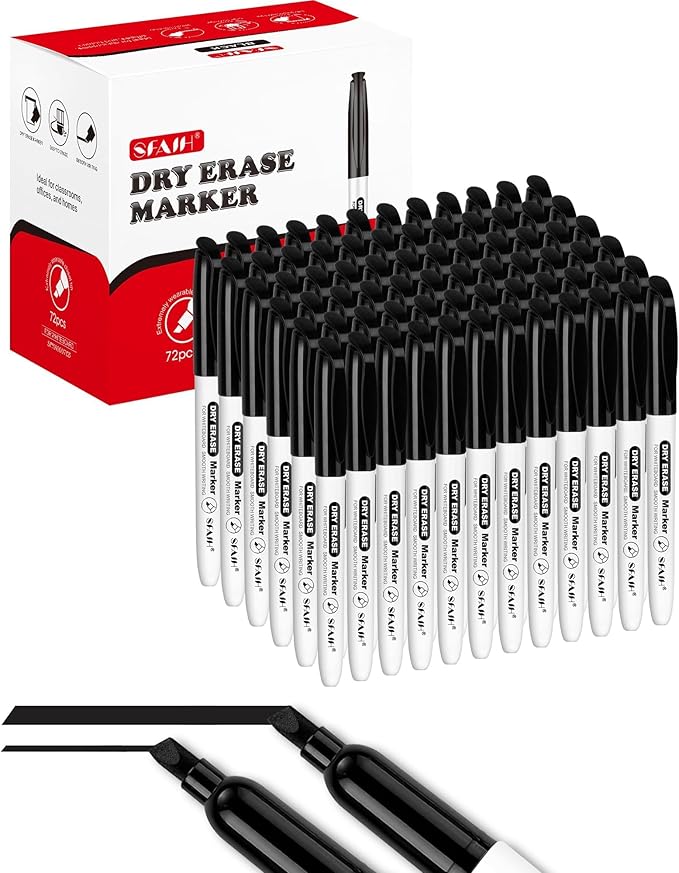 SFAIH Dry Erase Markers Whiteboard Markers, 72 Pack, Chisel Tip, Black, Versatile Lines, Low Odor, 1s Quickly Dry, Perfect for School Supplies and Office