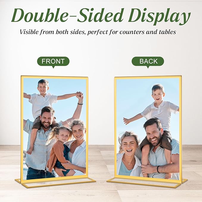 10 Pack Gold Acrylic Sign Holders 5x7 Double Sided Picture Frames, Wedding Table Number Frames, Table Display Stand for Restaurant Signs, Party and Office Photos