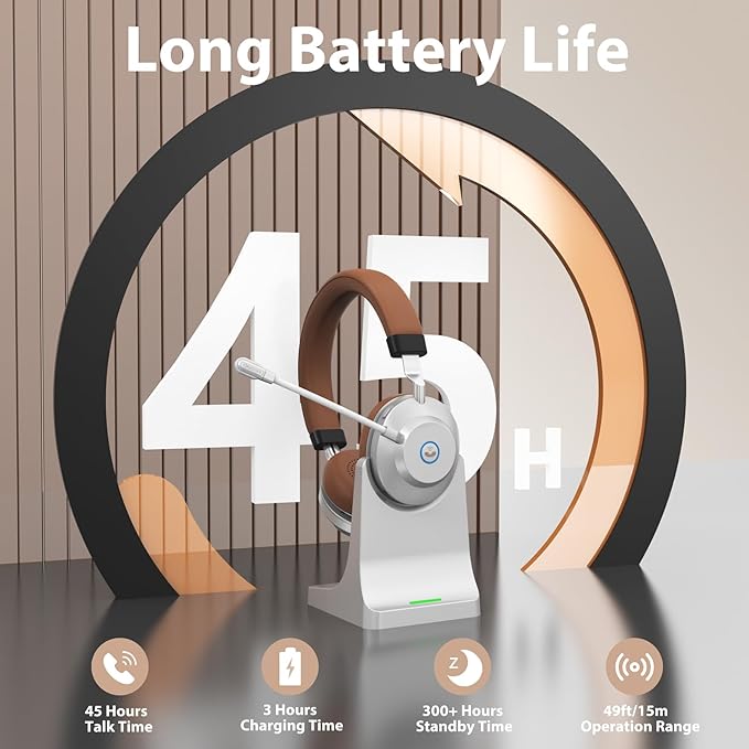 Wireless Headset with Mic for Work, Bluetooth Headset with Noise Cancelling Mic for Clear Calls, Bluetooth V5.3 Headphones with Mic Mute & USB Dongle, Charging Base for PC/Laptop/Phones/Call Center