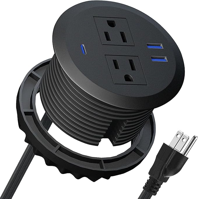 3 Inch Desktop Power Grommet,20W USB C Fast Charging Station,3-USB Port,Flush Mount,6.5 ft Power Cord.Round Recessed Power Outlet,Desk Hole Grommet Outlet for Workspace,Sofa,Black