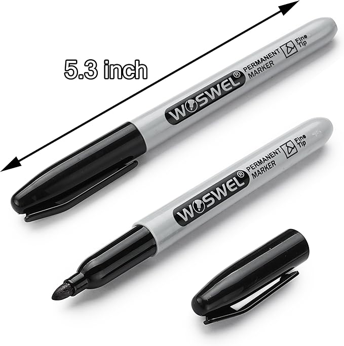 WOSWEL Permanent Markers Bulk, 50 Pack, Black Permanent Marker Pens, Fine Tip, Waterproof, Quick Drying, Smooth Writing, Used on Glass Metal Stone Paper Most Surfaces, Office School Supplies