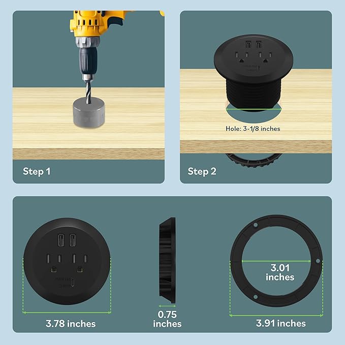 TOPGREENER Desktop Power Grommet with 65W PD Fast Charging USB C, GaN Desk Grommet for MacBook, 2 USB-A Ports and Duplex Receptacles, 3” Diameter Power Grommet, TTRP48APD60-BK, Black