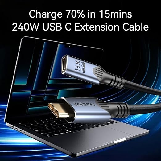 1ft/0.3M usb c to usb c Extension Cable Compatible with Thunderbolt 5, high Speed 80gbps Data Transfer,240w USB 5 Type C Male to Female Extension Cable 5A Fast Charging,8K/16K Video Display.