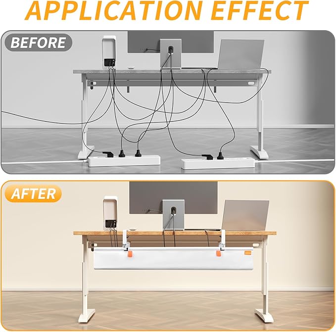 Under Desk Cable Management Tray, No Drill Desk Cord Organizer with Clamp, 48" Fabric Cable Management for Standing Desks Office & Home, White