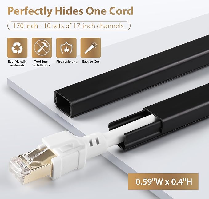 ZhiYo Mini Cord Hider - 170in PVC Self-Adhesive Cord Cover for TV, Extension Cord & USB Wires - Black Wall Cable Hider for Wall Mounted TV - Seamless Connection