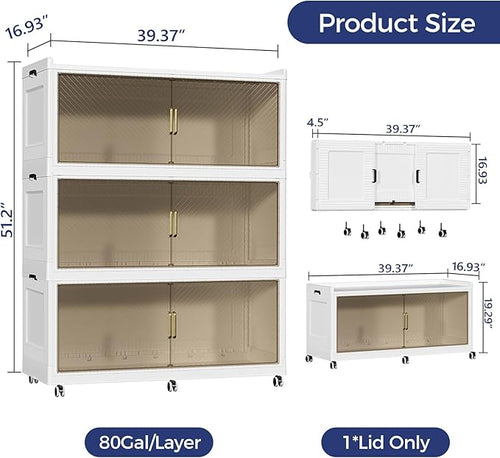 240 Gallon Extra Large Collapsible Storage Bin with Lid, 960QT Stackable Plastic Organizer with 6x Wheels, Foldable Drawer Cabinet for Closet, Living Room Office, Kitchen 3Pack, White