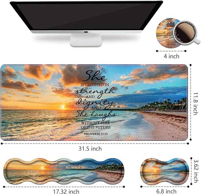 Ergonomic Keyboard Wrist Rest & Mouse Pad Wrist Rest Set, Large XXL Gaming Desk Mat 31.5"x 11.8", Non-Slip Base, Memory Foam, Easy Typing Pain Relief for Office & Home, Bible Verses Proverbs 31:25