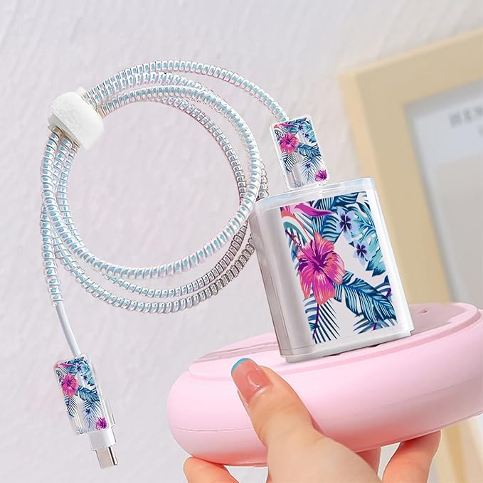 Cute Flowers DIY Protectors Cable Protector for iPhone Charger,Green Leaves Pattern,Data Cable Charger Data Line Earphone Wire Saver for iPhone X 13 12 12 Pro Max