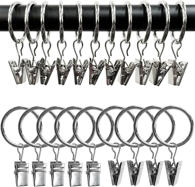 AMZSEVEN 100 Pack Curtain Rings with Clips, Drapery Clips with Rings, Drapes Rings 1.26 in Interior Diameter, Fits up to 1 Inch Curtain Rod, Silver