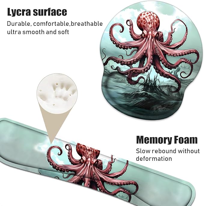 Keyboard Wrist Rest and Mouse Pad Wrist Support Set with Coasters, Non-Slip PU Base Ergonomic Gaming Mousepad for Home Office Working Studying Easy Typing & Pain Relief - Red Octopus