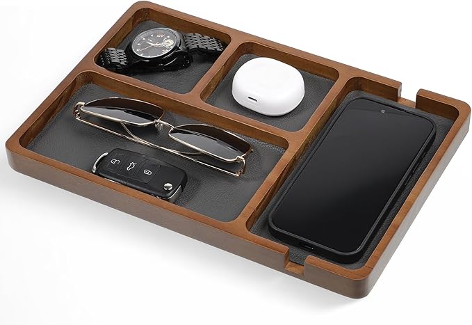 Wooden Valet Tray, 4 Grids Catch All Tray with Leather Inlay Wallet Trays Organizer for Nightstand, Desk, Entryway Stylish Durable EDC Catchall Trays for Keys, Wallet, Watch, Jewelry, Phone