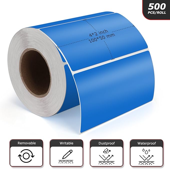 Meitaat Blue Rectangle Stickers 4 x 2 Inch Color Coding Labels Vinyl Roll Self-Adhesive Waterproof Removable 500 PCS