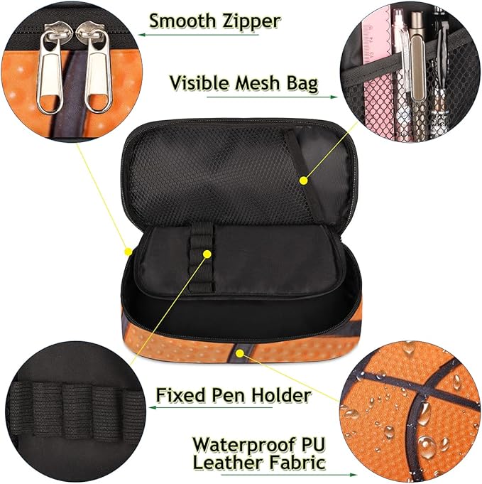 Pardick Basketball Big Capacity Pencil Pen Case Basketball Sport Large Pencil Pouch with Zipper Compartments Pencil Bag for Boys Girls Adults Student Office School Supplies