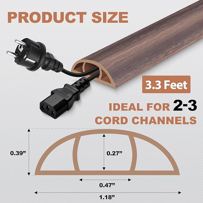 Floor Cord Cover for Wires on Floor Self Adhesive Cord Hider Floor Cable Management Wire Covers for Cords Protector Prevent Cable Trips Cord Cavity W 0.47" x H 0.27", Grayish Brown Wood, 3.3Ft