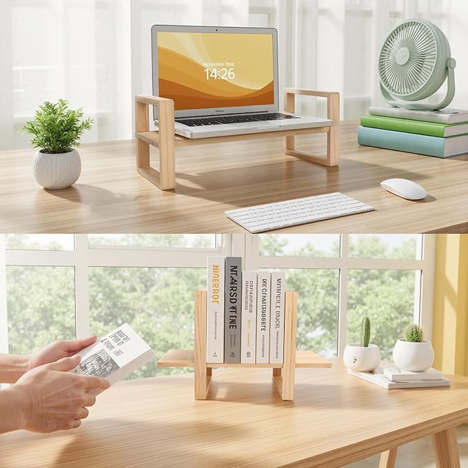 Desk Shelves Desktop Organizer Shelf - No Assembly Needed Holds 130lbs for Desk Organizers and Accessories Corner Bookshelf Table Top Shelving in Office, Books, Bathroom Storage-Pine Nature Wood Color