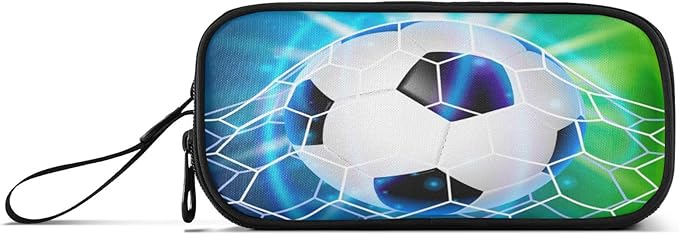 Soccer Football on Field Pencil Case Box Boys Girls Large Pencil Pouch with Zipper Compartments Big Capacity Stationery Pen Bag Organizer for Kids Teens Adults School