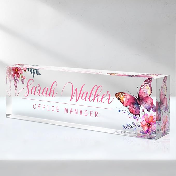 SalaGraphics Desk Name Plate Personalized, Custom for Desk, Office Decor Women Men, Acrylic Accessories, Gifts Coworkers Boss Teacher, Employee Appreciation (Pink Orchids), 8”(L)x2.5(W)