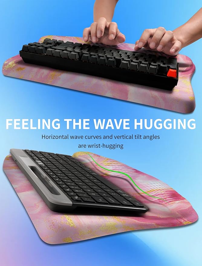 Ergonomic Wave Wrist Rest with Keyboard Stand, Cushioned Palm Rest, Comfortable Integrated Memory Foam for Natural Typing and Relieve Wrist Pain, Pink Gold Marble