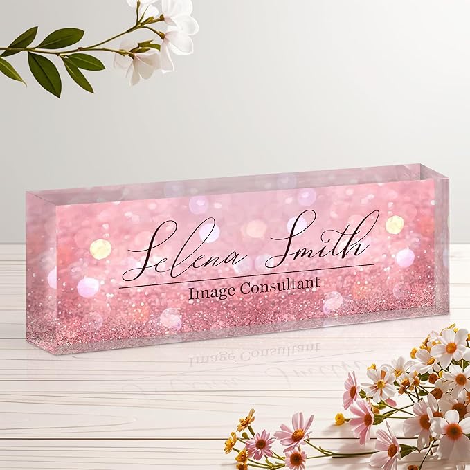 Personalized Name Plate for Desk, Custom Acrylic Desk Name Sign, Office Appreciation Gifts for Women Men Coworkers Boss Teacher Employee (Pink Sequin)