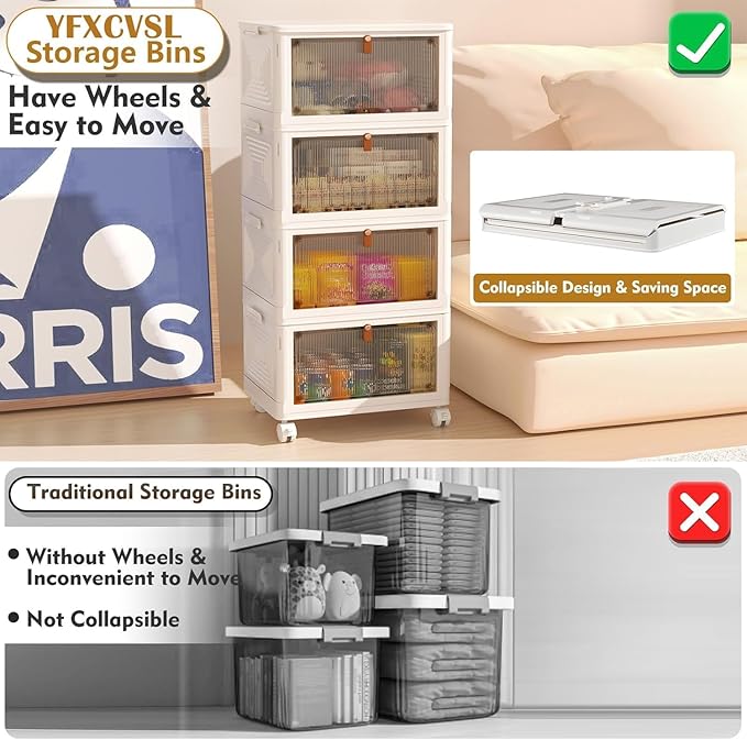 4 Tier Plastic Storage Bins with Lid 23QT, Stackable Storage Containers with Wheels, Folding Storage Boxes, Collapsible Storage Bins, Closet Organizers and Storage for Living Room