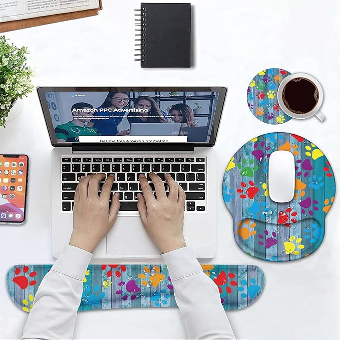 Keyboard Wrist Rest and Mouse Pad Wrist Support Set, Non-Slip PU Base Ergonomic Gaming Mousepad for Home Office Working Studying Easy Typing & Pain Relief, Rustic Wooden Board Colorful Paw Print