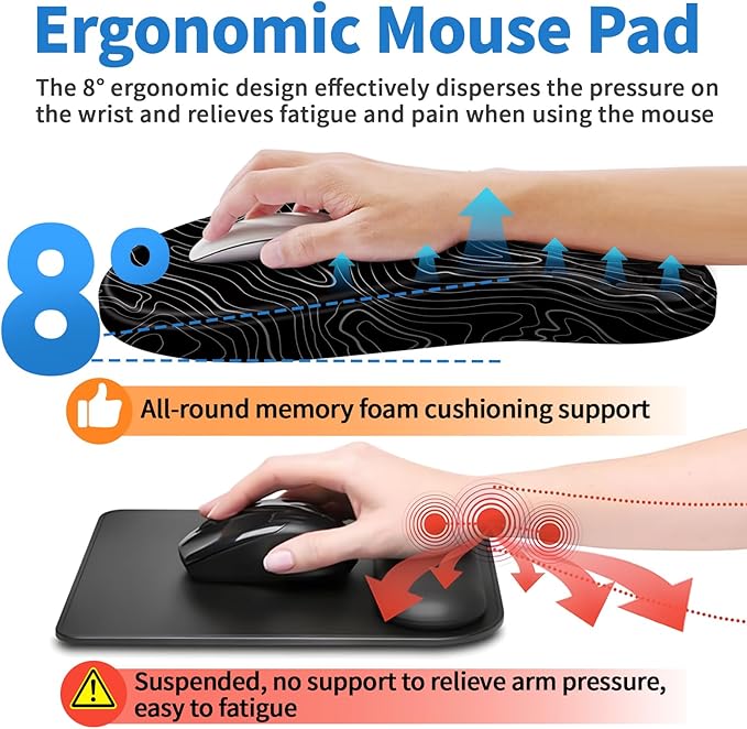 YIWEI Ergonomic Mouse Pad with Wrist Rest - Comfortable Office Mousepad with Memory Foam Wrist Support for Carpal Tunnel Relief, Mouse Pads with Non-Slip Base for Gaming and Home (Topographic Map)