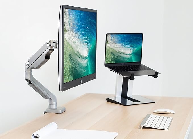 Mount-It! Single Monitor Desk Mount with Height Adjustable Mechanical Spring Arm, Full Motion Silver Bracket Fits 24 27 29 30 32 Inch Screens VESA 75, 100 mm, Easy Install C-Clamp and Grommet Base