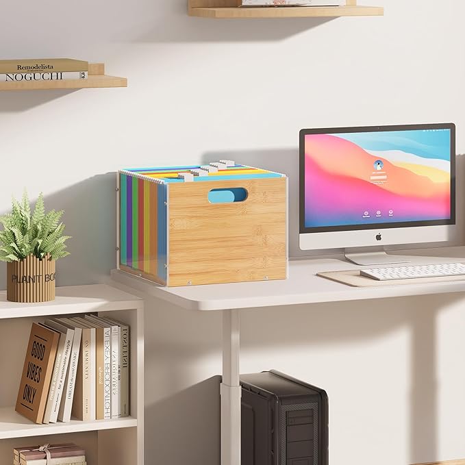 Clear Acrylic File Box Organizer, Bamboo Hanging Folder Storage Boxes, Filing Crate Bin Holder with Handle for Home Office Desk, Letter Size