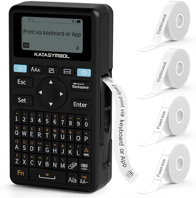 SUPVAN E11 Bluetooth Label Maker Machine with 4 Tapes, Support Keyboard & App with 40 Fonts and 650+ Icons, Rechargeable Inkless Labeler for Home, Kitchen, Office, School, Organization, Black