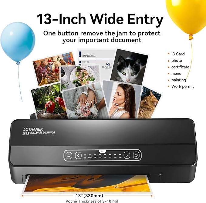 A3 6-Roller Commercial Laminator Machine, LOTHANEK 3-10 Mil 13 inch Heavy Duty Thermal Laminating Machine, 60-Second Warm-up, 40 Inches/Minute, Touch Screen for Home, School Office (Glossy Black)