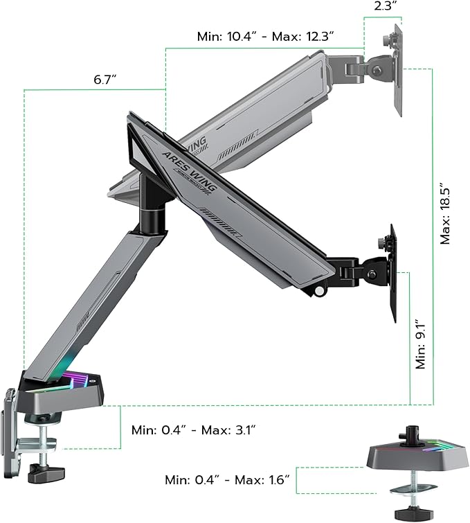 ARES WING RGB Single Monitor Arm Desk Mount for 17-45 inches Flat and Curved Monitors, Holds 35.2 lbs Heavy Duty, Adjustable Ultrawide Monitor Arm with Clamp & Grommet Base, 75/100 VESA Mount, Gray