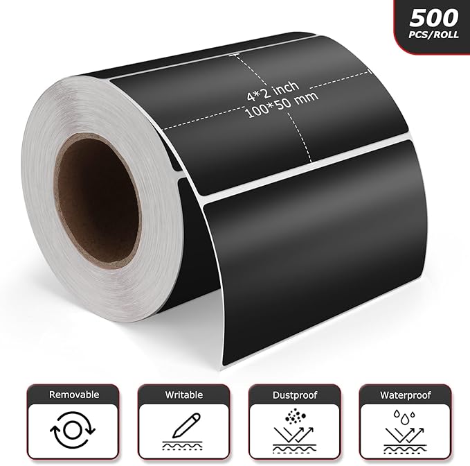 Meitaat Black Rectangle Stickers 4 x 2 Inch Color Coding Labels Vinyl Roll Self-Adhesive Waterproof Removable 500 PCS