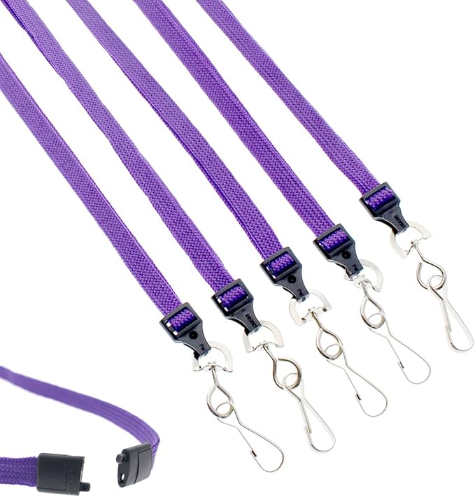 Specialist ID Bulk 100 Pack - Premium Flat Breakaway Lanyards for ID Badges & Badge Holders - 3/8" Wide Woven Safety Lanyard with Metal Swivel Hook for Teachers, Students, Cruise, Office (Purple)