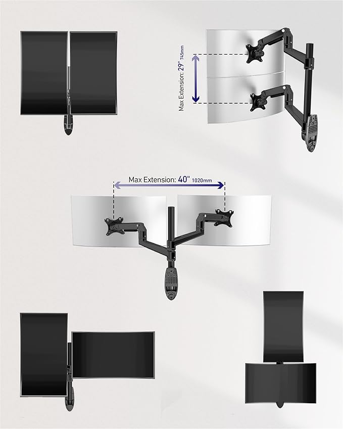 Dual Monitor Wall Mount for Flat or Curved Screens up to 38" Within 25 lbs, Adjustable Monitor Arm with Cable Management, VESA 75x75/100x100mm Monitor Mount for 2 Monitors, Black
