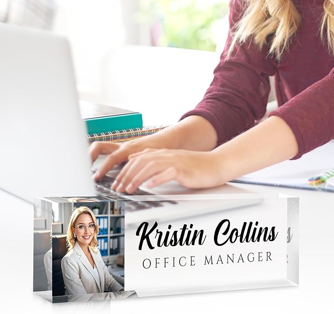 Custom Name Plate for Desk, Personalized Desk Name Plate on Clear Acrylic Glass, Appreciation Gifts for Teacher Employee Boss Coworkers Nurse, Office Desk Accessories for Women Men (Picture)