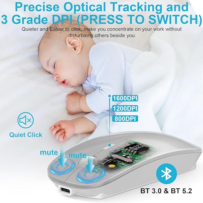 Mouse for MacBook Wireless Bluetooth Mouse Laptop MacBook Air Mac Pro Rechargeable Silent PC iPad Optical Mouse with Dual Mode Switch Bluetooth 5.2/3.0 and 2.4GHz USB Type-C Receiver Silvery