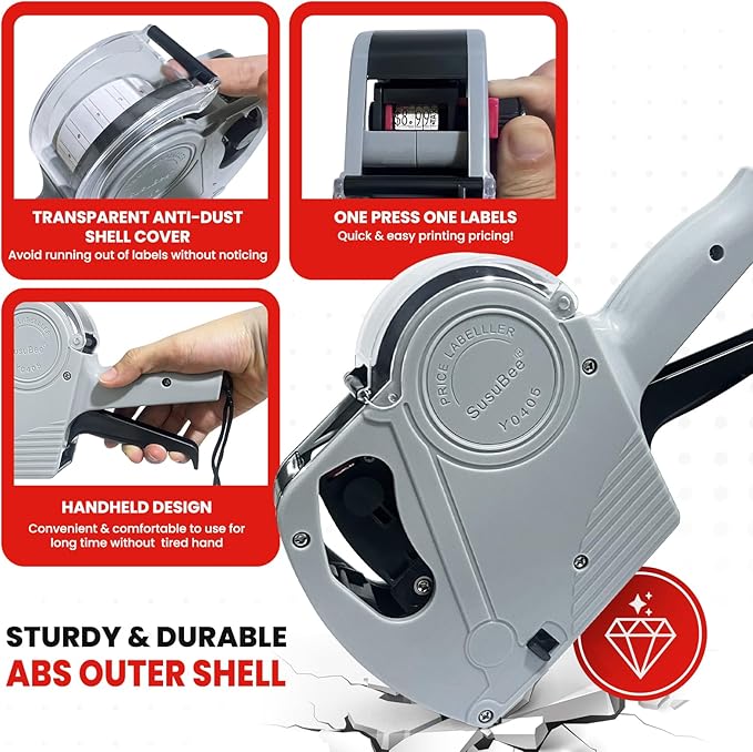2 Pack Price Gun - 1 Line Label Pricing Gun with 10,000pcs White Labels Handheld Date Code Prices Labels Maker with Pre-Loaded Inks & Label Remover for Retails, Yard Sales, Groceries, Supermarket