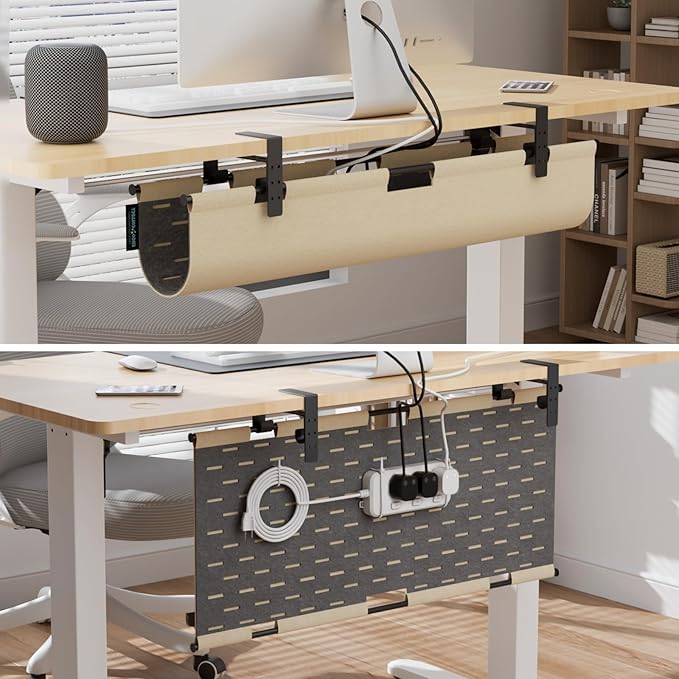 2-in-1 Under Desk Cable Management Tray & Privacy Panel, Dual-Sided Felt Cord Organizer to Hide Wires and Clutter, Desk Mount Cord Holder for Office and Home, Clamp or Screw Mount (Khaki/Gray, 30")