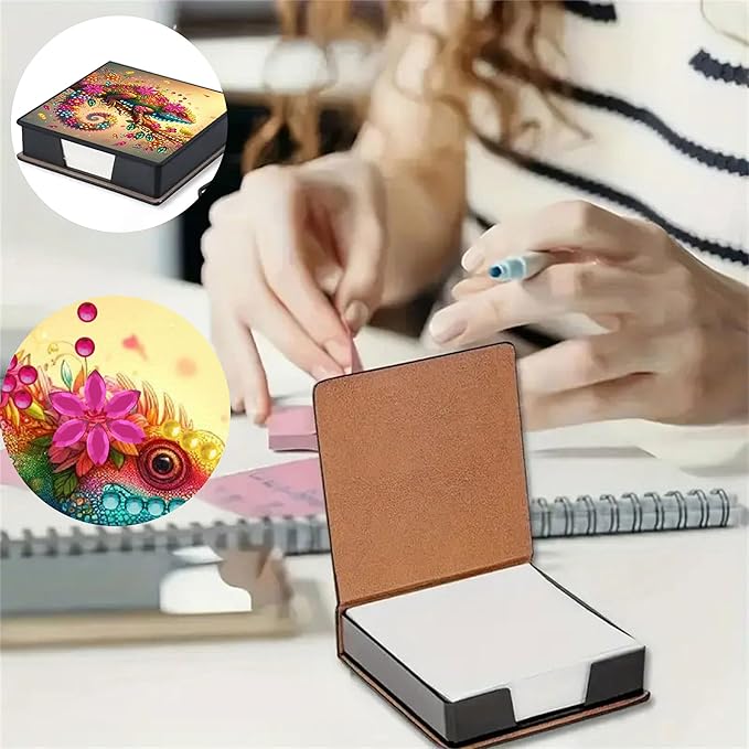 Chameleon Diamond Painting Note Box Memo Pad Holder, Diamond Art Sticky Notes Organizer for Desk, Aesthetic Stationery Storage Case for Office,School Supplies (Chameleon)