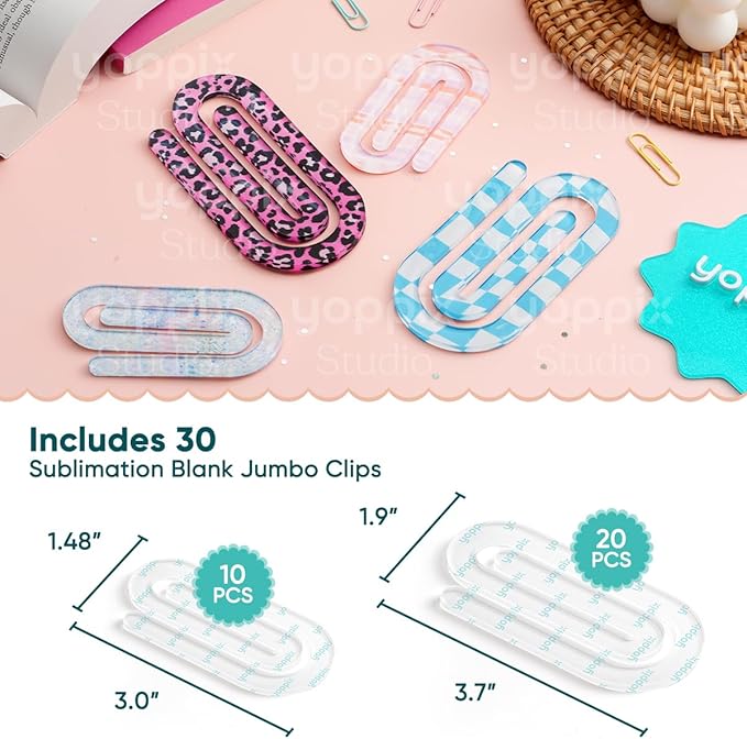 YOPPIX 30 Pack Sublimation Paper Clips Blanks, 20pcs 3.7"x1.9" + 10pcs 3"x1.5" Clear Acrylic Jumbo Clips for Heat Transfer, DIY Crafts, Office School Supplies, Customizable Gift Ideas