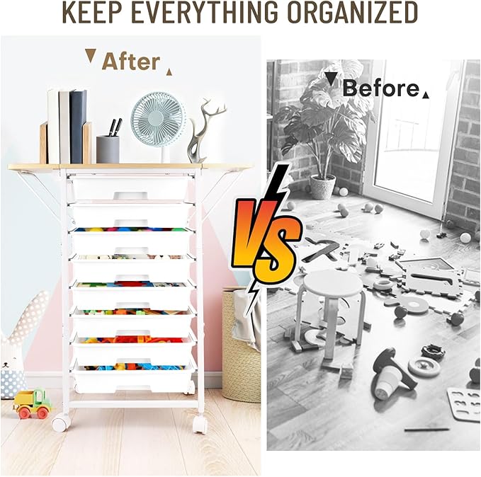 Rolling Storage Cart with Drawers,Craft Storage Cabinet with 8 Drawers and Wooden Tabletop,Utility Cart with Foldable dual side panels & Wheels for Classroom,Bedroom,Bathroom,Dorm,Office,Kitchen,White