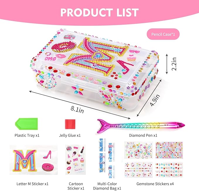 1PCS Clear Pencil Case, Plastic Pencil Box, Large Crayon Box, Craft Organizers and Storage, School Supplies for Boys and Girls with Stickers and Kit (Letter M Set)