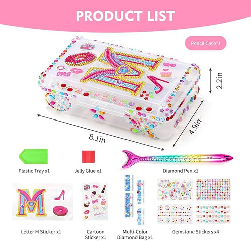 1PCS Clear Pencil Case, Plastic Pencil Box, Large Crayon Box, Craft Organizers and Storage, School Supplies for Boys and Girls with Stickers and Kit (Letter M Set)