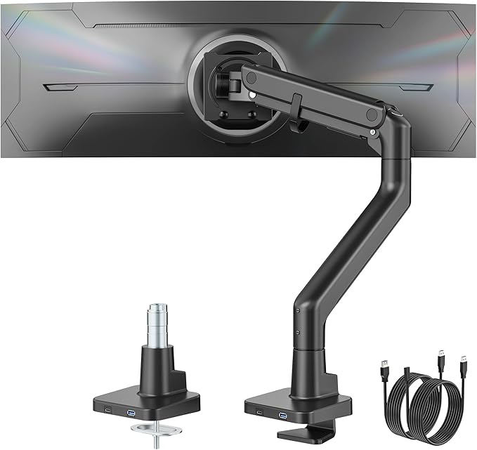monTEK Single Monitor Arm with USB A/C, Ultrawide Monitor Stand for 17 to 57 Inch Curved Screen, Holds 59.4 lbs, Adjustable Gas Spring Arm, 75/100 VESA Mount, Clamp & Grommet Desk Mount, Black