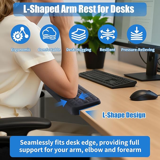 L-Shaped Elbow Pad for Desk, Memory Foam, Ergonomic Wrist Rest for Keyboard with Non-Slip Base, Massage Texture Pattern, Arm Rest for Desk, Office Gaming Home (2PCS, Black