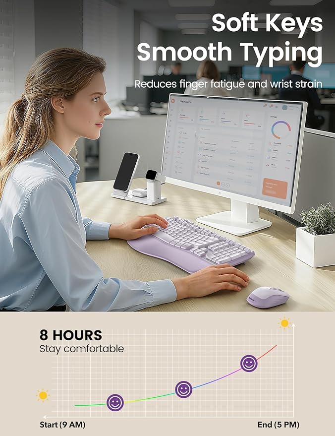 Purple Ergonomic Wireless Keyboard and Mouse Combo, Sablute 2.4G Full Size Ergo Wave Key Board with Cushioned Plam Rest, Natural Typing, 3 DPI Adjustable Silent Mouse for Computer/Laptop/Windows/Mac