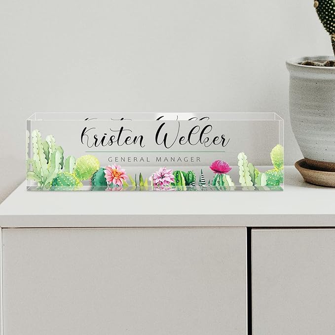 Personalized Office Name Plate for Desk, Custom Employee Appreciation Gifts, Acrylic Desk Name Plate Funny, Desk Decorations Gift, Acrylic Desk Ornaments (Style-Cactus)…