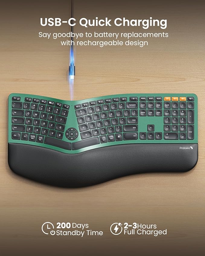 ProtoArc Backlit Bluetooth Ergonomic Keyboard, EK01 Plus Full Size Wireless Split Keyboard with Dual Bluetooth and USB, Cushioned Wrist Rest, Rechargeable, Compatible with Windows/Mac/Android, Green