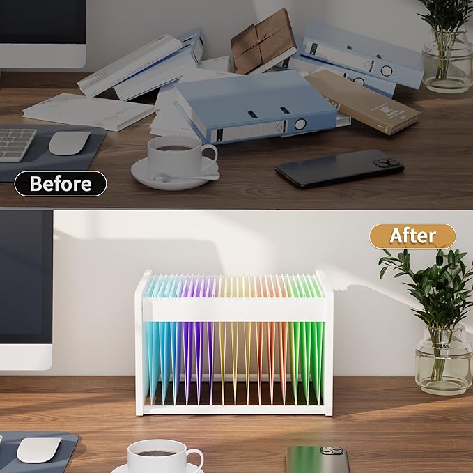 Bamboo Hanging File Organizer, Office Desk File Organizer for Letter Size, Wood Hanging File Folders Organizer Record Holder Storage Stand Bookshelf Easy Assembly, White